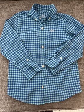 Vineyard Vines Teal and Blue Gingham Boys Button-Down